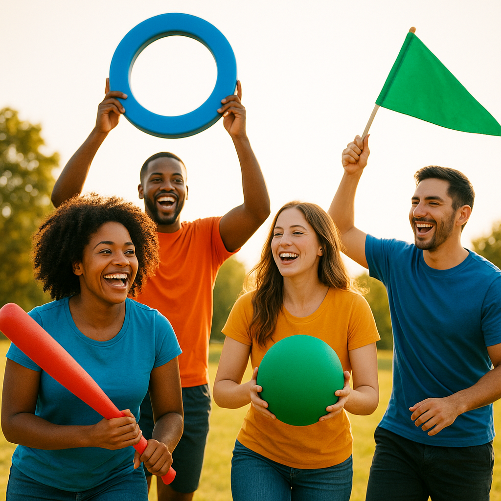 Vibrant group enjoying playful outdoor challenge