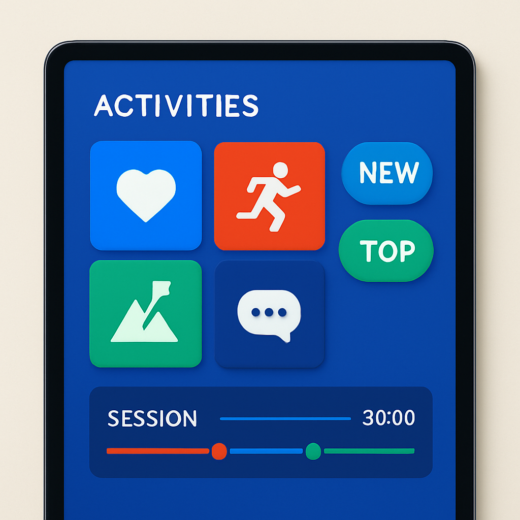 Colorful UI tiles showing badges and session timeline